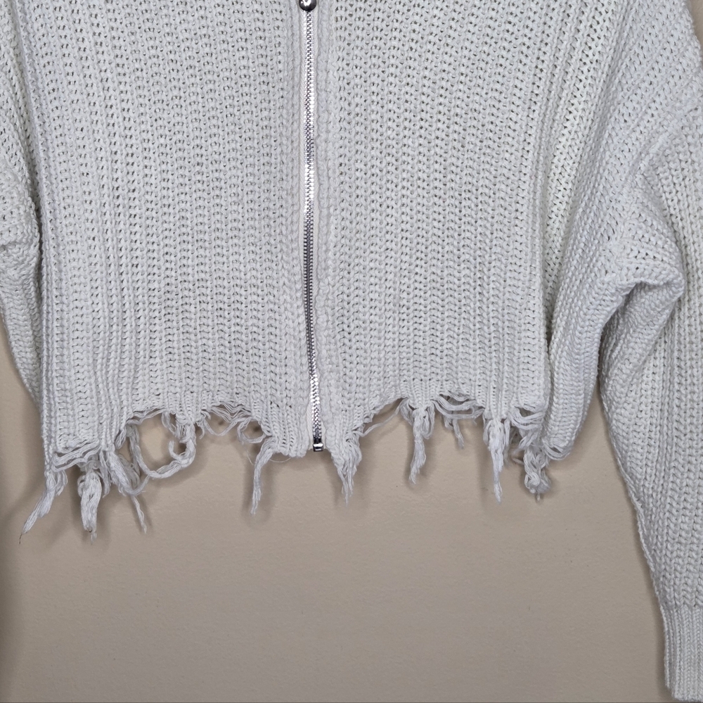 Womens Distressed Ivory Zip Front Cropped Hooded Knit Cardigan Sweater - Picture 3 of 4